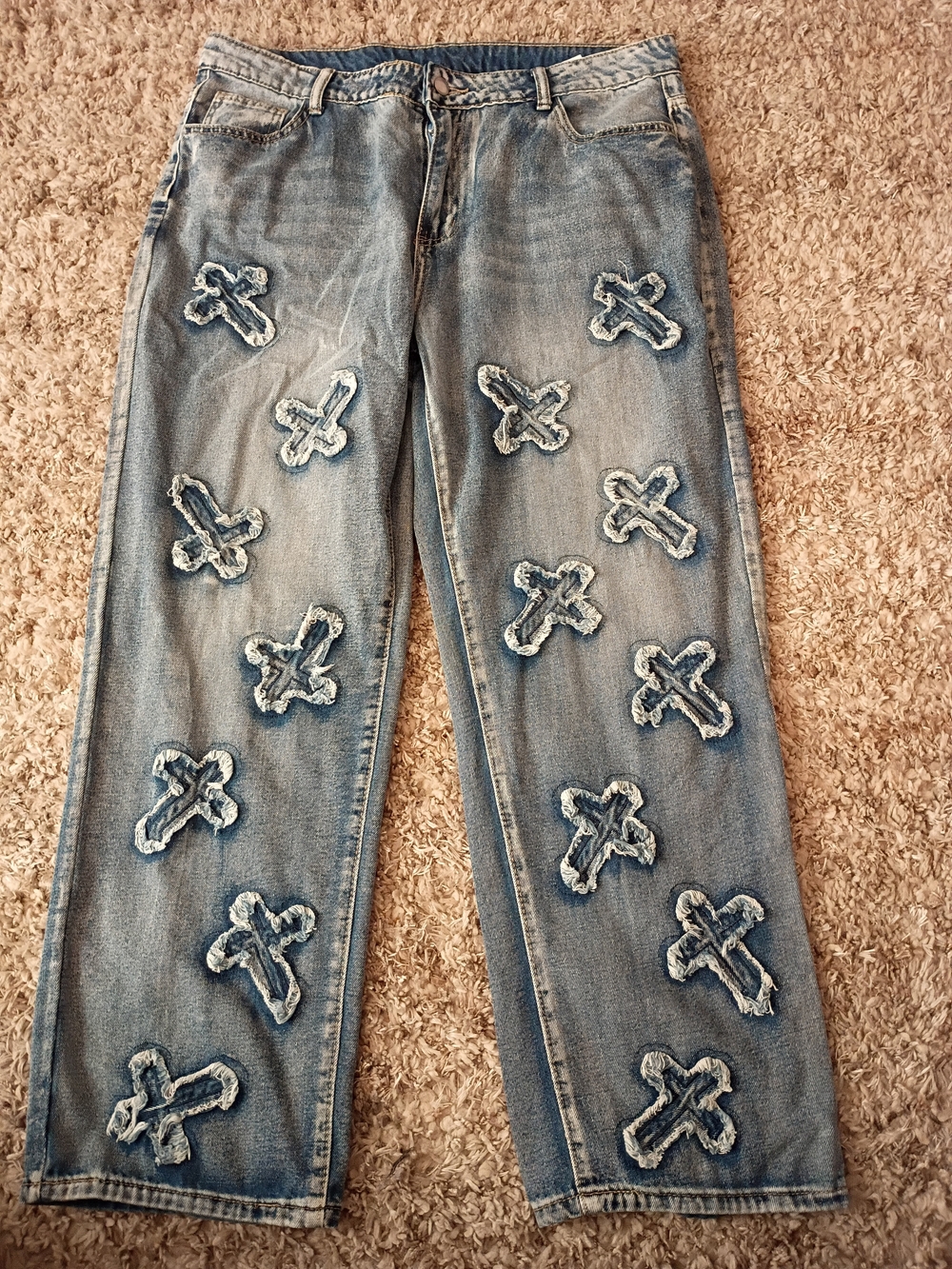 Distressed Light Blue Women’s Jeans with Cross Appliqués